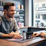 Vape shop expert and adult customer at a counter reviewing a pod device and e-liquid bottles, hands in focus, with softly blurred shelves behind and no visible labels or logos.