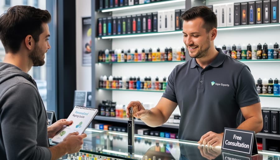 Vape shop expert assisting customer with product selection at retail counter