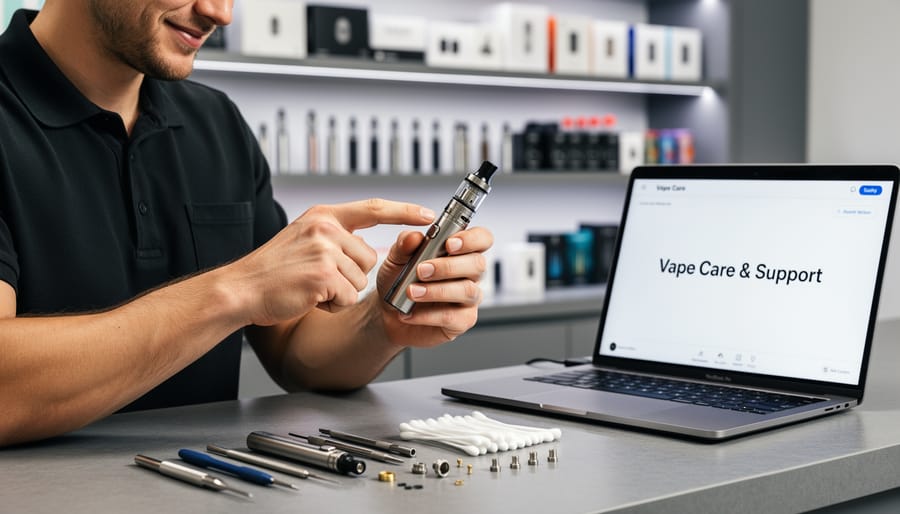 Vape shop expert demonstrating device maintenance to customer