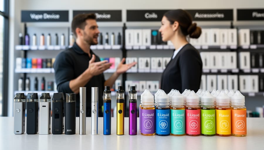 Variety of vaping devices and e-liquid bottles displayed on white surface