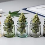 Close-up of CBD hemp flower buds arranged in glass jars with green foliage and a blurred lab document background, suggesting third-party testing and anxiety-focused strain selection.