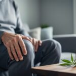 Person seated at home gently resting a hand on a knee, with an out-of-focus amber CBD oil bottle and cannabis leaves on a nearby table.