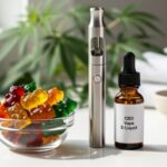 Close-up of CBD gummies in a glass bowl next to a vape device and CBD e-liquid bottle on a clean countertop, with subtle hemp leaves in the background.