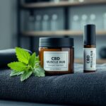 A CBD muscle rub balm jar and roll-on stick on a dark gym towel with green arnica leaves beside them in a clean spa-like setting.