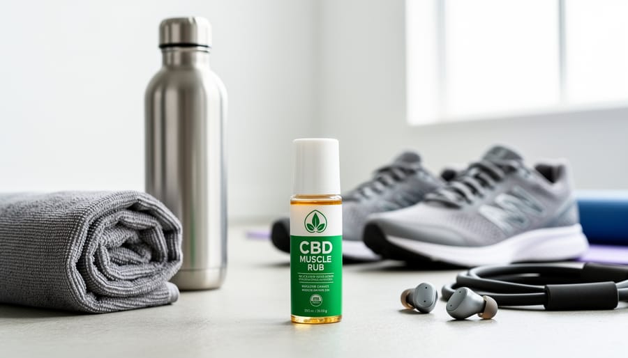 CBD muscle rub roll-on bottle placed on a gym bench with workout equipment in the background