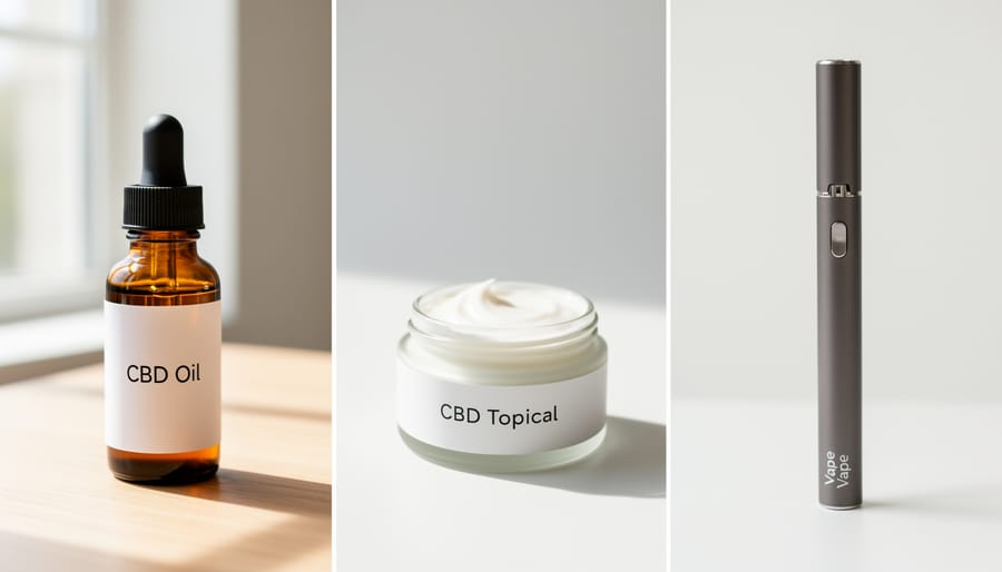 CBD oil dropper bottle, topical cream jar, and vape pen placed on a kitchen counter