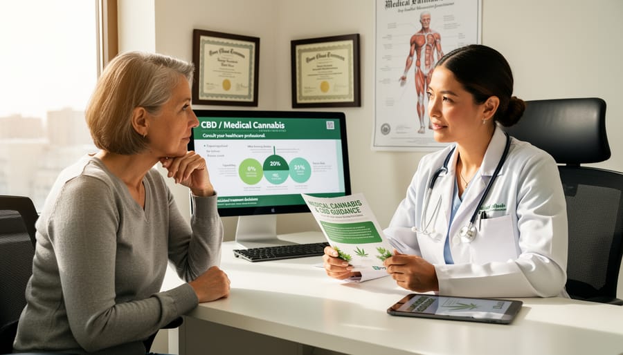 Clinician talking with a patient in an exam room while reviewing intake materials