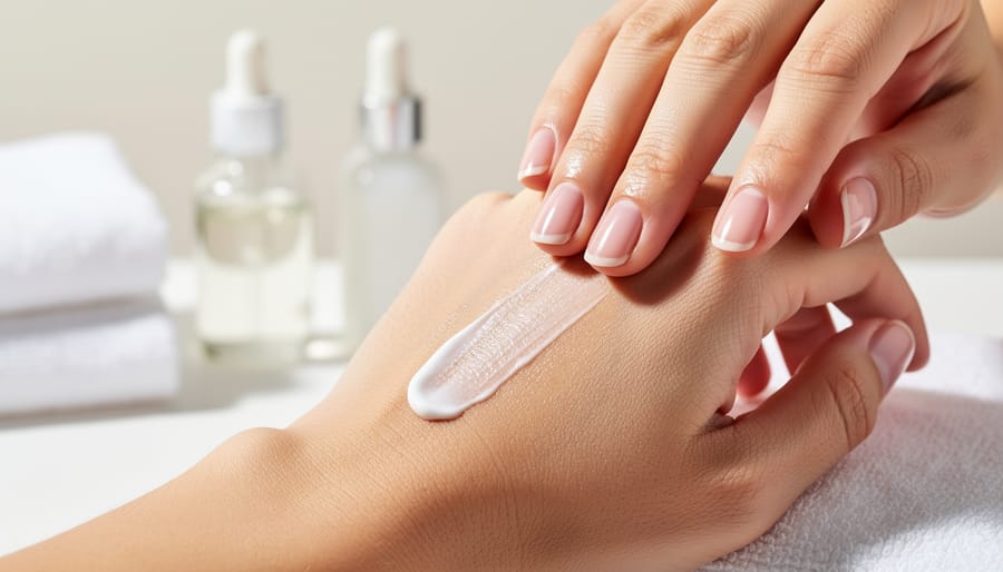 Close-up of a hand applying cream from a CBD muscle rub onto an arm