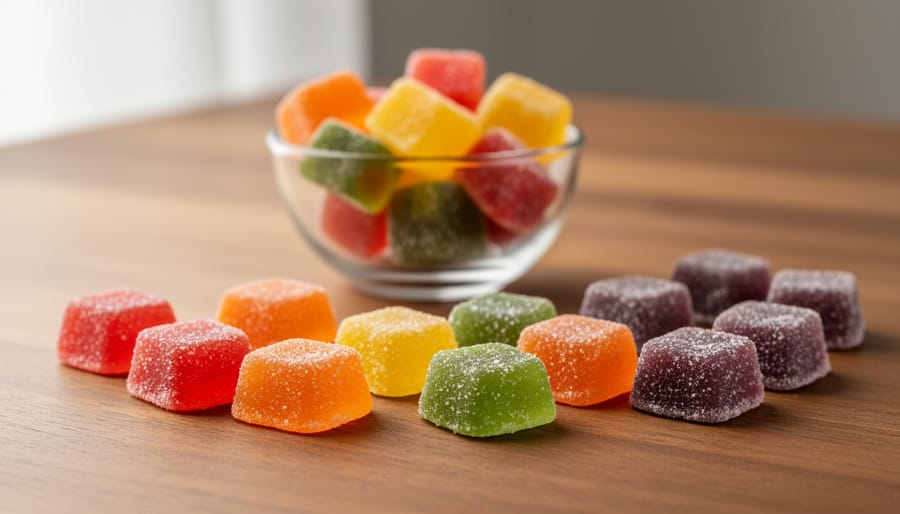 Close-up of colorful CBD gummies on a wooden board next to a small spoon and a glass jar