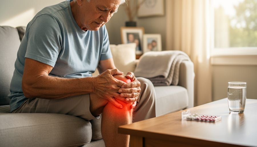Elderly person massaging an aching knee at home