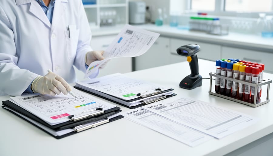 Glass jar of hemp buds beside lab-style envelope and dropper on a clean desk