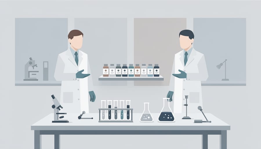 Glass lab vials and pipettes arranged in a clean lab setting representing third-party testing