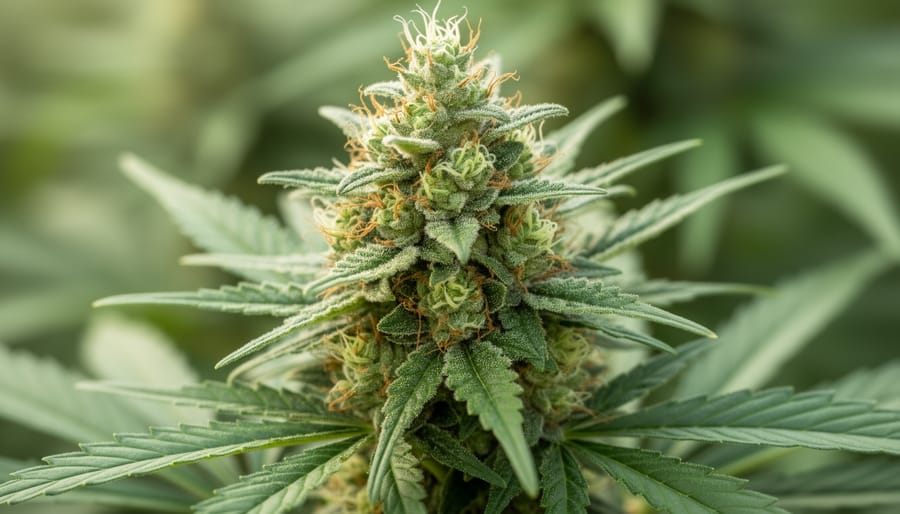 Macro view of cured hemp buds with visible trichomes on dark slate