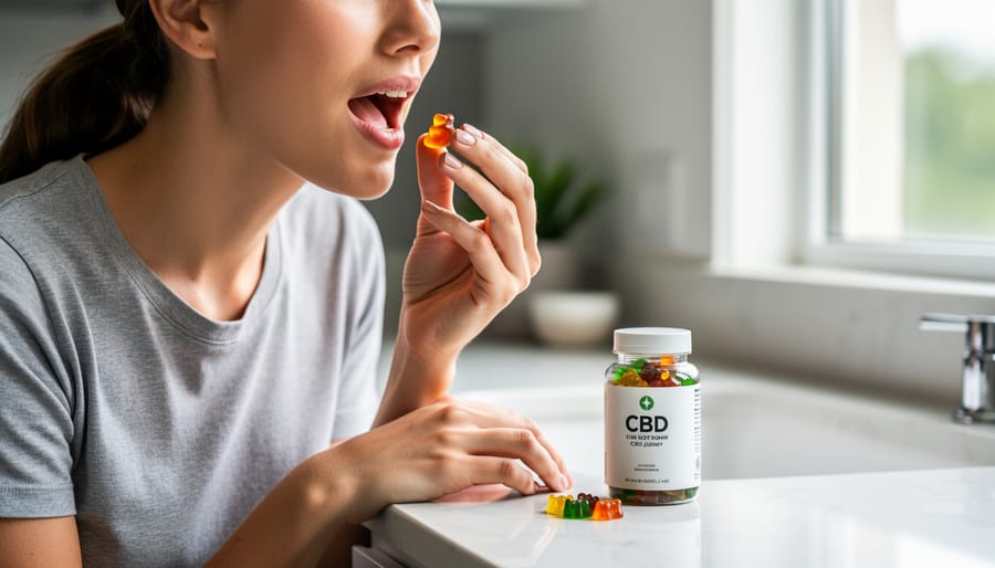 Person holding a CBD gummy between fingers in a kitchen setting