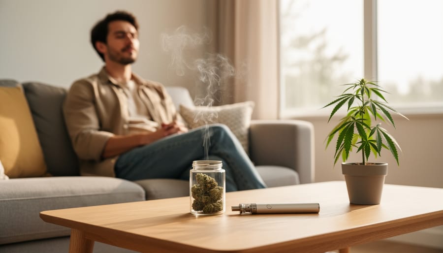 Person holding a small vape device and CBD hemp flowers in a softly lit room