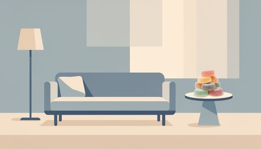 Relaxing living room scene with CBD gummies placed on a side table next to a glass of water