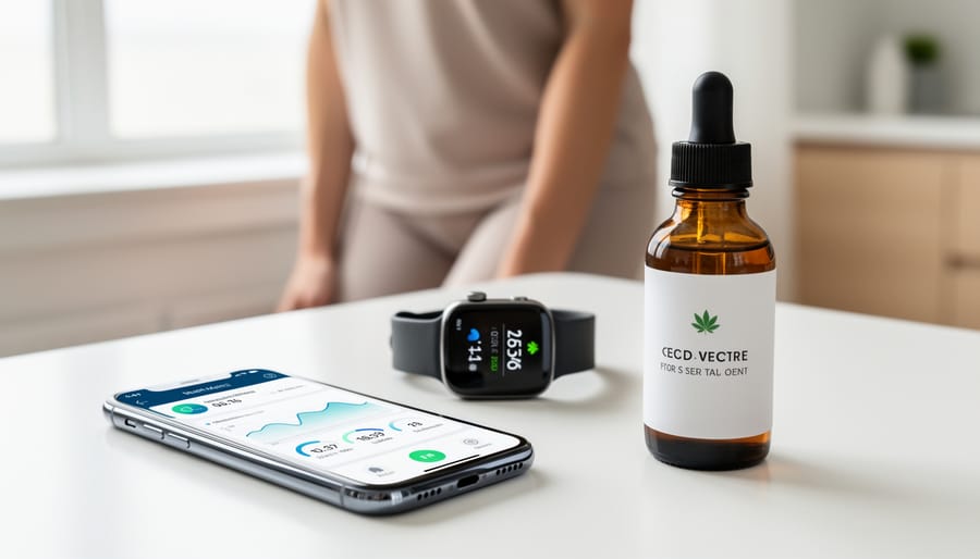 Person holding a measuring tape and a CBD dropper bottle in a bright bathroom setting.