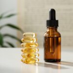 Clear CBD gel cap capsules stacked next to an amber cannabidiol oil dropper bottle on a clean neutral background.