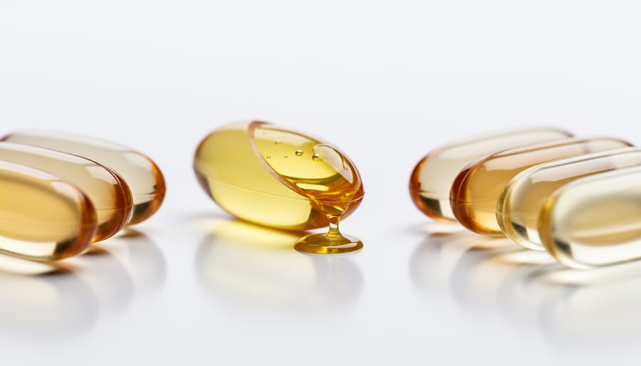 Macro close-up of CBD gel capsule shells with golden oil inside on a clean surface