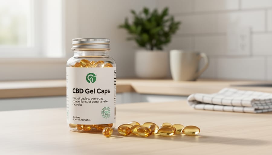 Person holding CBD gel cap bottle with a few capsules visible on a kitchen counter