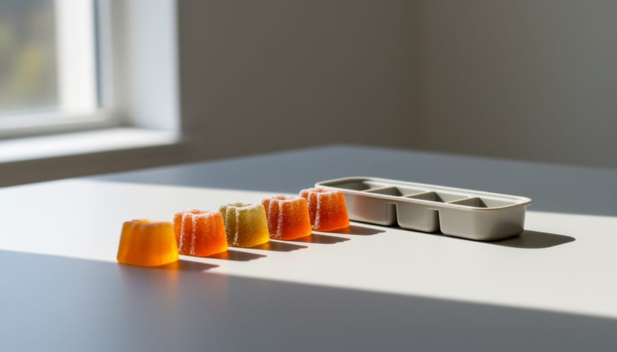 Hand placing a CBD gummy on a plate with other gummies blurred in the background.