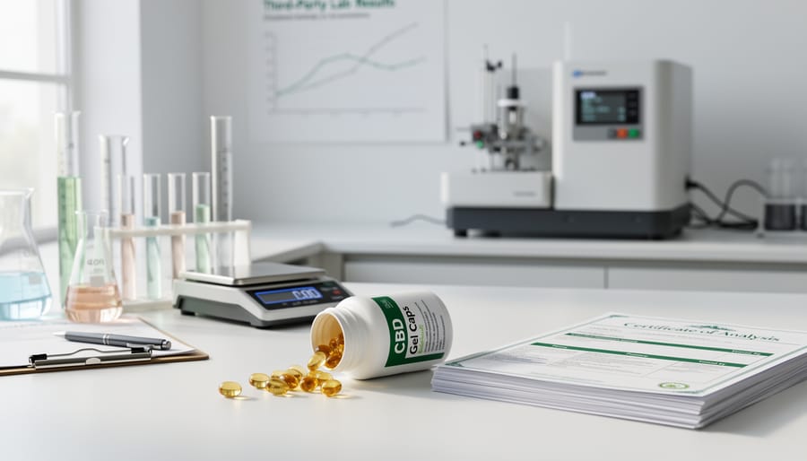 Still-life scene with lab glass vials and CBD oil accessories on a clean desk with an empty document folder