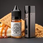 Close-up of a vape device and dessert-themed e-liquid bottle with caramel and vanilla custard textures and graham cracker crumbs arranged on a dark surface.