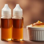 Close-up of two label-free e-liquid bottles with amber liquid beside vanilla-caramel custard in a ramekin and a spoon, evoking a creamy dessert flavor.