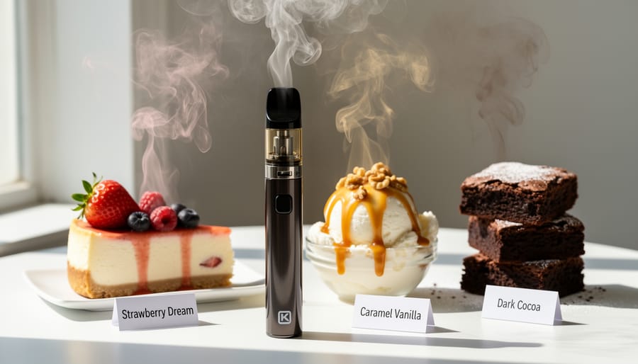 Vapor rising from a vape device beside dessert ingredients on a desk during warm lighting