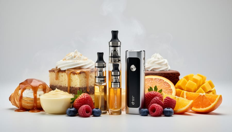 Vanilla custard and dark berries beside an open e-liquid bottle in a moody tabletop scene