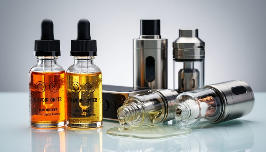 Glass e-liquid dropper bottles and a frosted vape tank on a dark countertop
