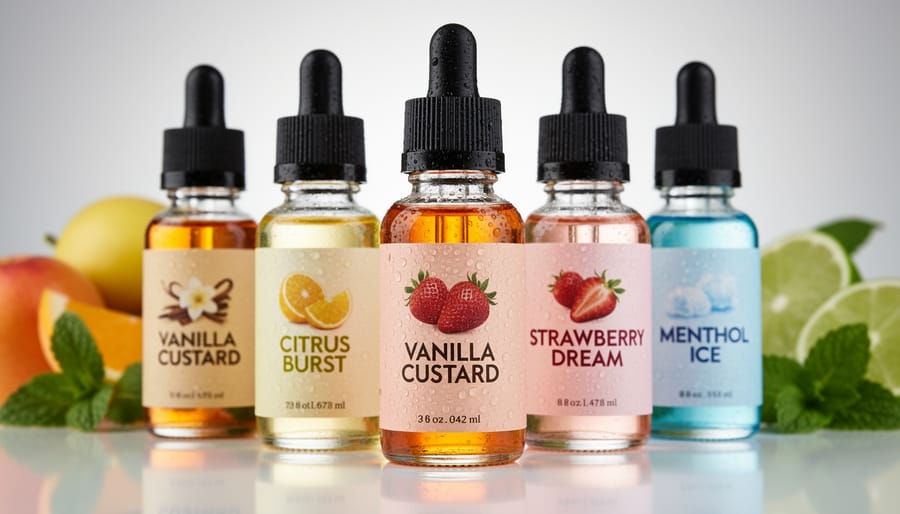 Close-up of two e-liquid bottles with warm amber tones on a wooden table beside vaping accessories