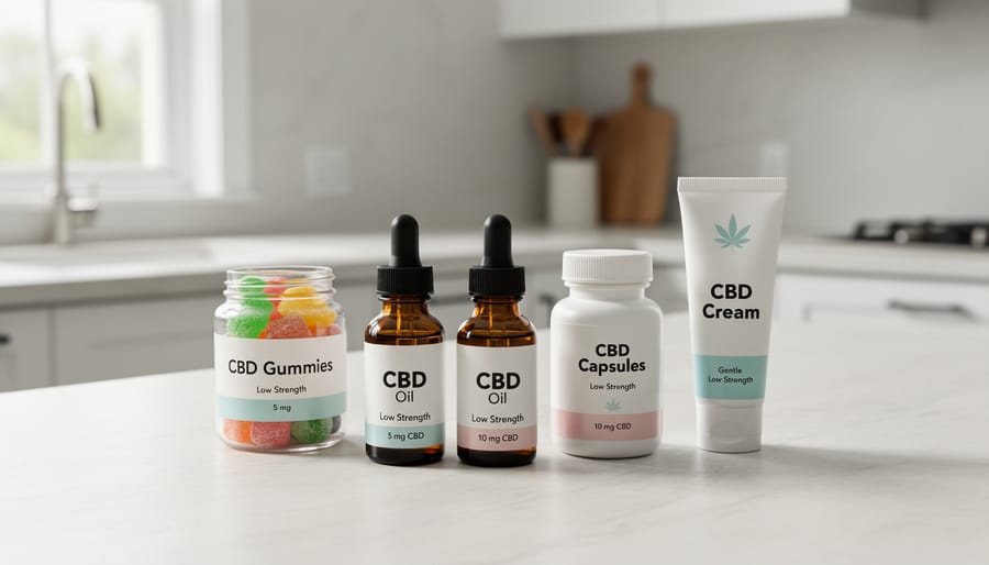 Beginner-friendly CBD items including a vape cartridge, a small dropper bottle, and gummies arranged on a wood surface.