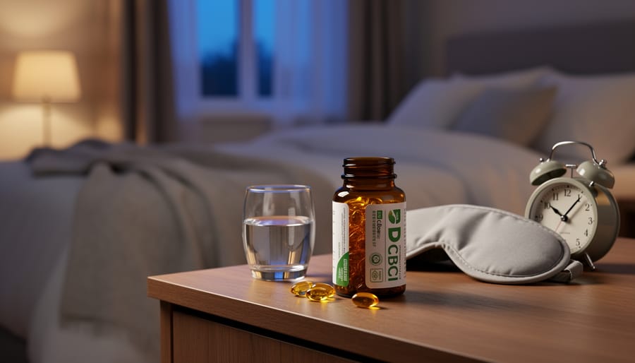 Person relaxing in an evening setting holding CBD gel caps and water