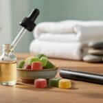 Close-up of a CBD tincture dropper bottle, a small dish of CBD gummies, and a vape pen on a wooden tabletop under soft natural light.