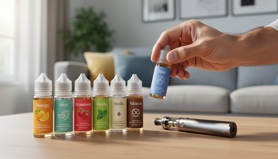 Hand holding a vape device above a small glass bottle of e-liquid on a desk