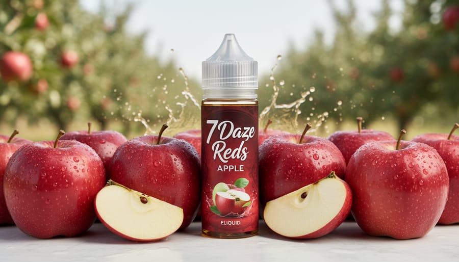 Close-up still life of a 7 Daze Reds Apple e-liquid bottle with red apples on a wooden surface