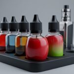 Seven capped e-liquid bottles arranged on a matte black vaping tray, shown in a close-up with a modern, premium look.