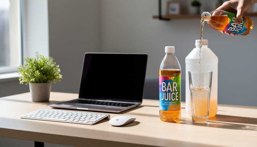 Bar Juice themed devices on a desk showing disposable-like convenience beside a refillable tank