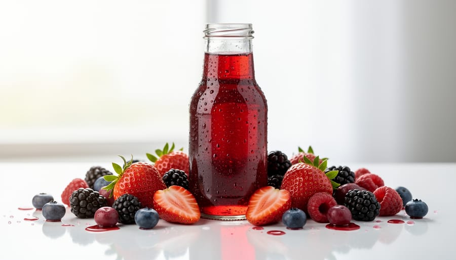 Close-up of Juice Head e-liquid bottle with berries and vaping hardware on a clean tabletop