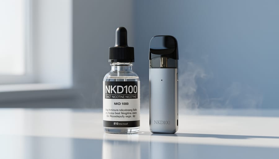 NKD100 salt nicotine pod device and bottle styled with cool blue-gray tones